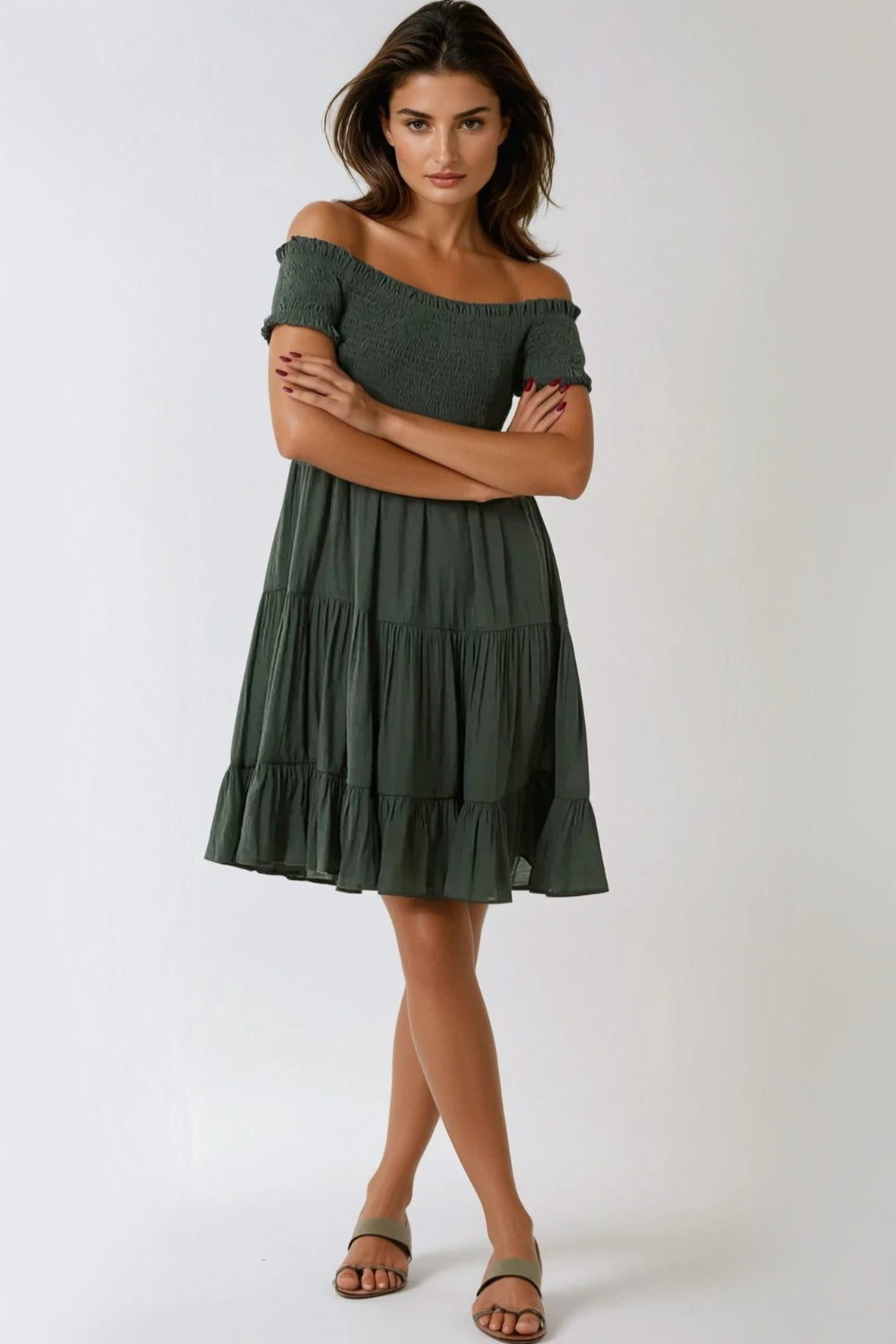 Khaki Bardot Shirred Mini Dress-0