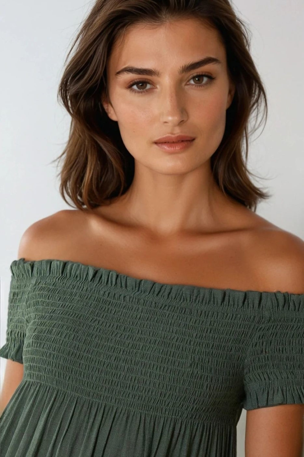 Khaki Bardot Shirred Mini Dress-1