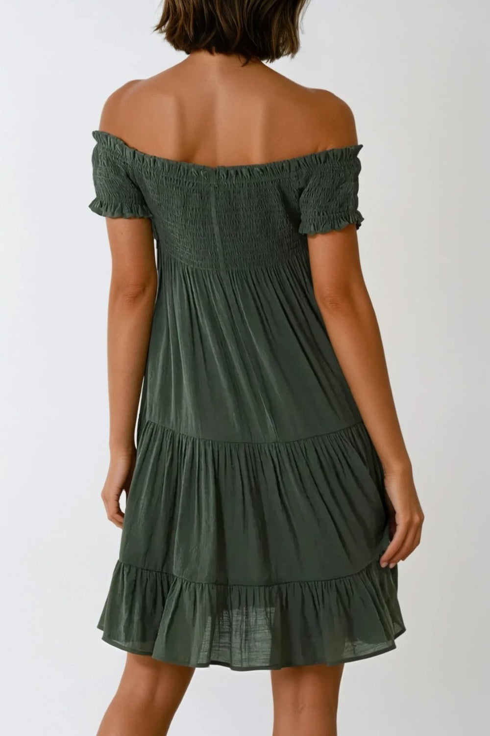 Khaki Bardot Shirred Mini Dress-2