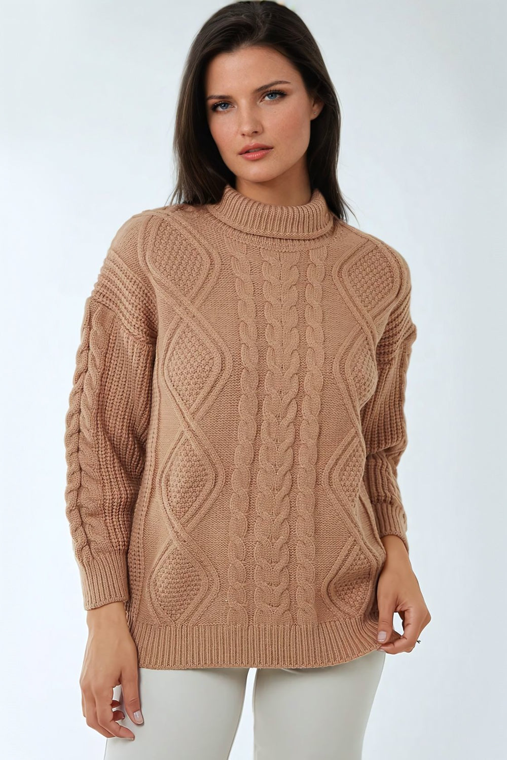 Camel Cable Knit Roll Neck Jumper-0