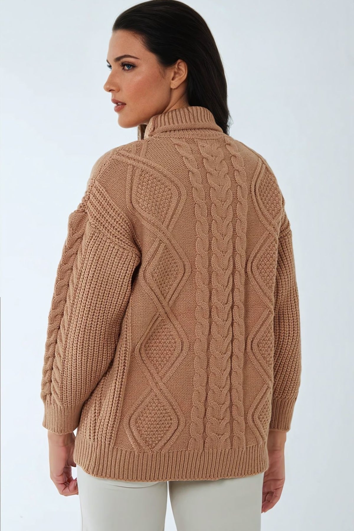 Camel Cable Knit Roll Neck Jumper-1