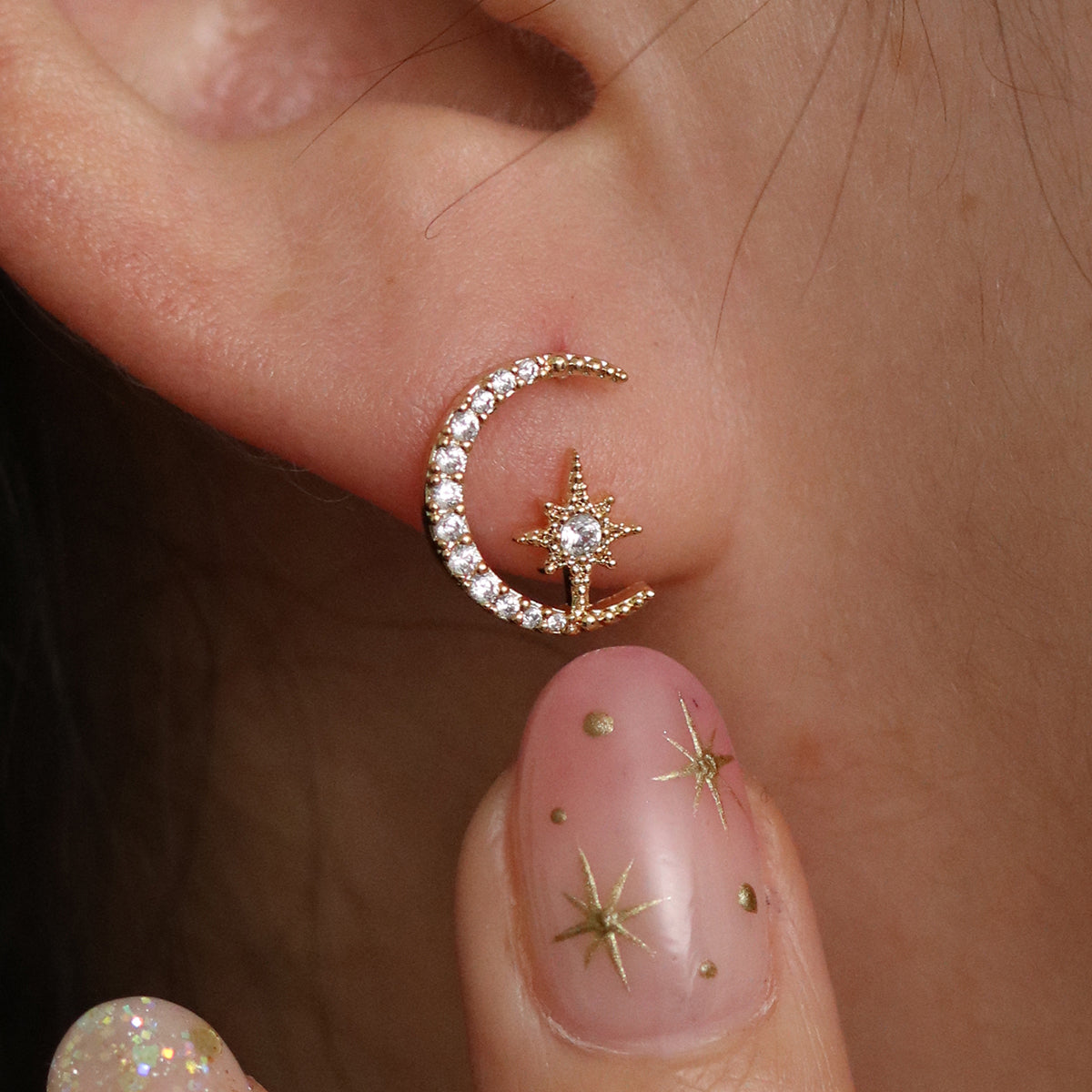Moon and star stud earrings-1